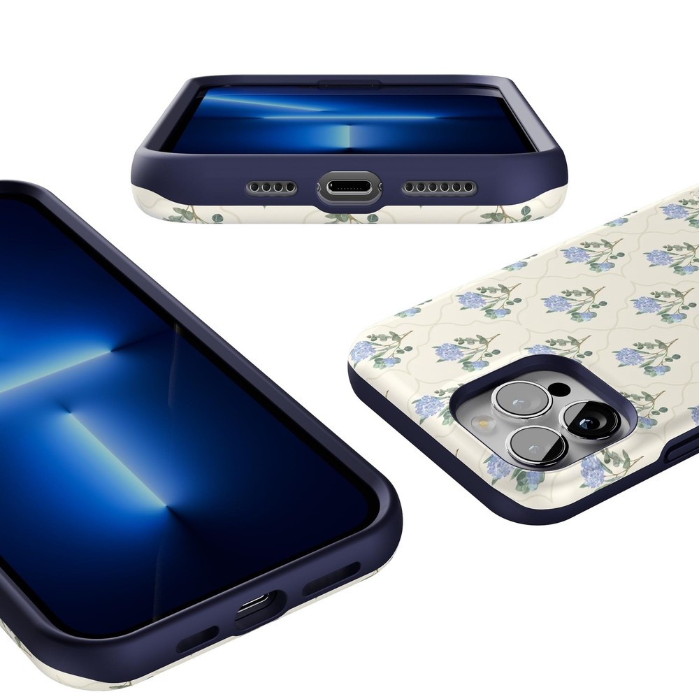 Casely iPhone 13 Pro Case | Vintage Garden | Blue Hydrangea | Bold Protective De