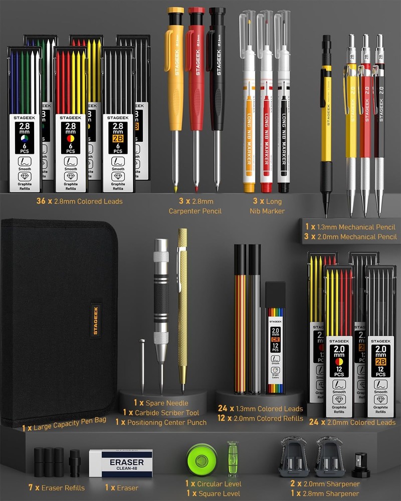 34 Pack Carpenter Pencil Set with Sharpener Mechanical Carpenter Pencils with...