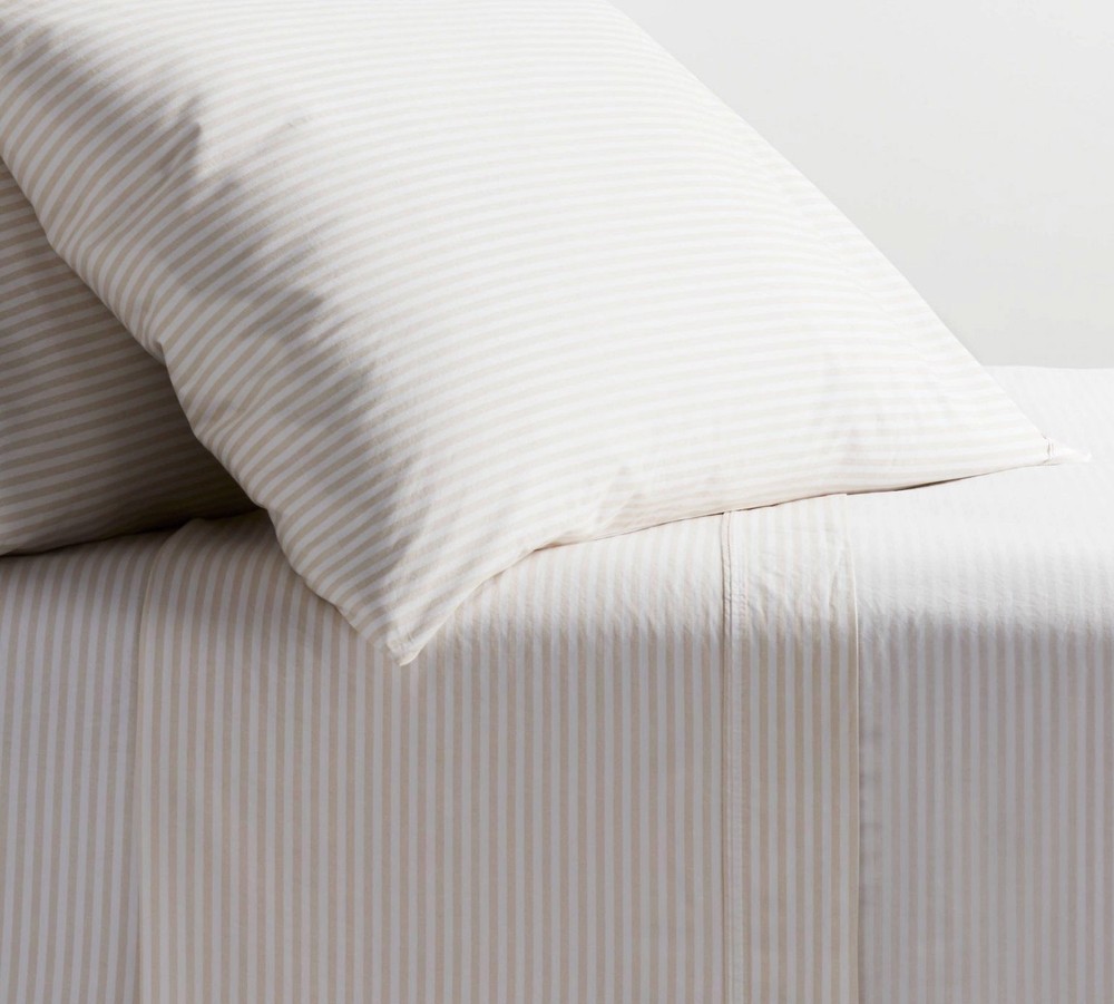 Queen Organic Percale Sheet Set Khaki/White Stripe - Threshold