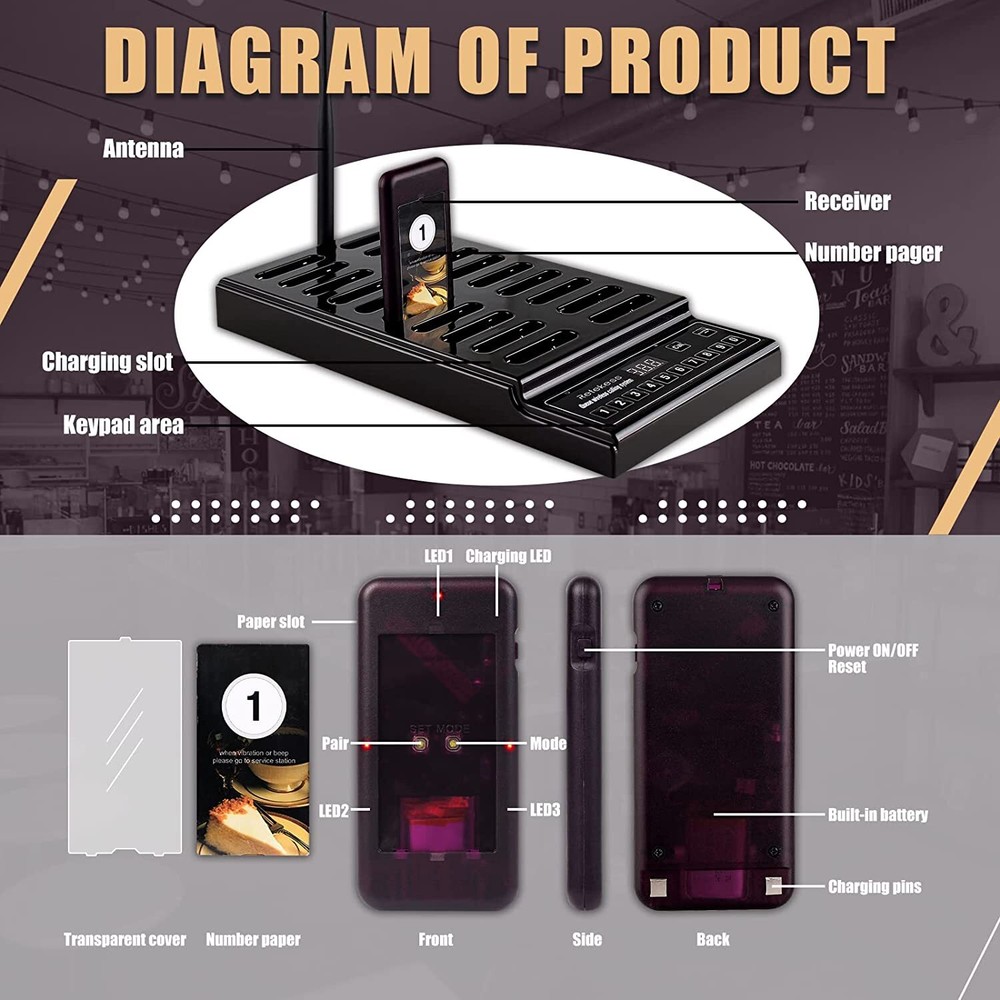 Retekess T112 Wireless Paging Queuing Calling System Restaurant 30 Coaster Bar