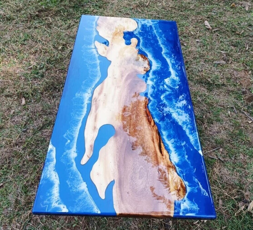 Ocean Epoxy Table Top ,Wood Dining Table, Custom Blue Epoxy Dining Table Decor