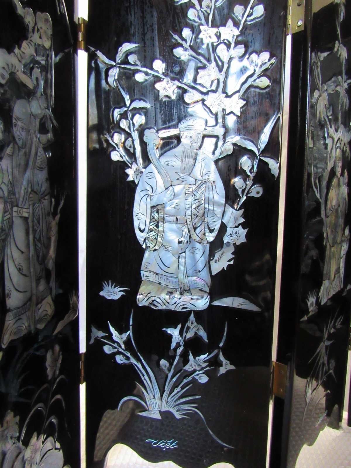 Asian 6 Panel 2 Side Lacquer Wood MOP Abalone Gold Fish Screen Divider 14"x28"