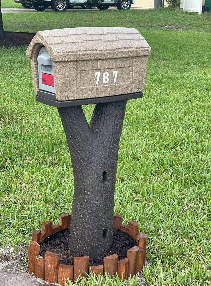 Unique Plastic Cabin Mailbox Post Faux Tree Branch/ Stump Base Front/ Back Door