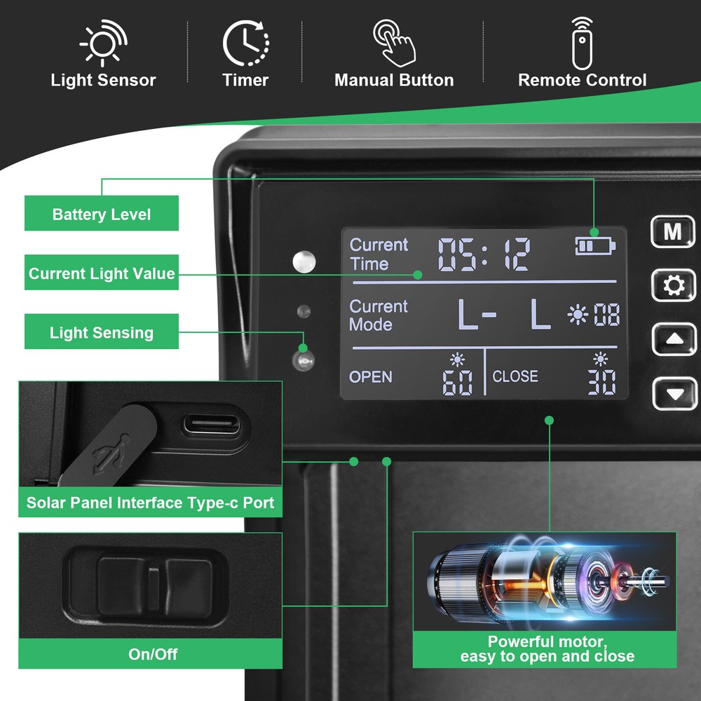Automatic Chicken Coop Door Solar Powered Poultry Gate w/ Light Sensor/ Timer