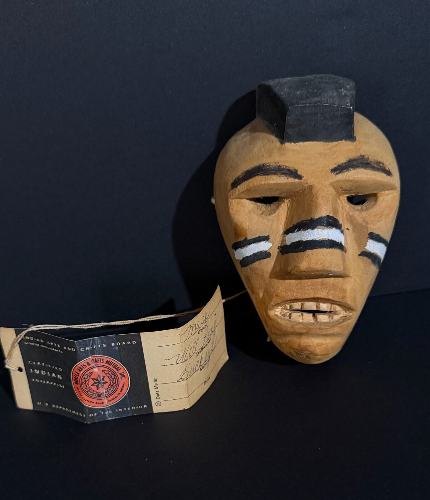 WILL LONG CHEROKEE BUCKEYE “WARRIOR” MASK, ORIGINAL QUALLA TAG, MINT!