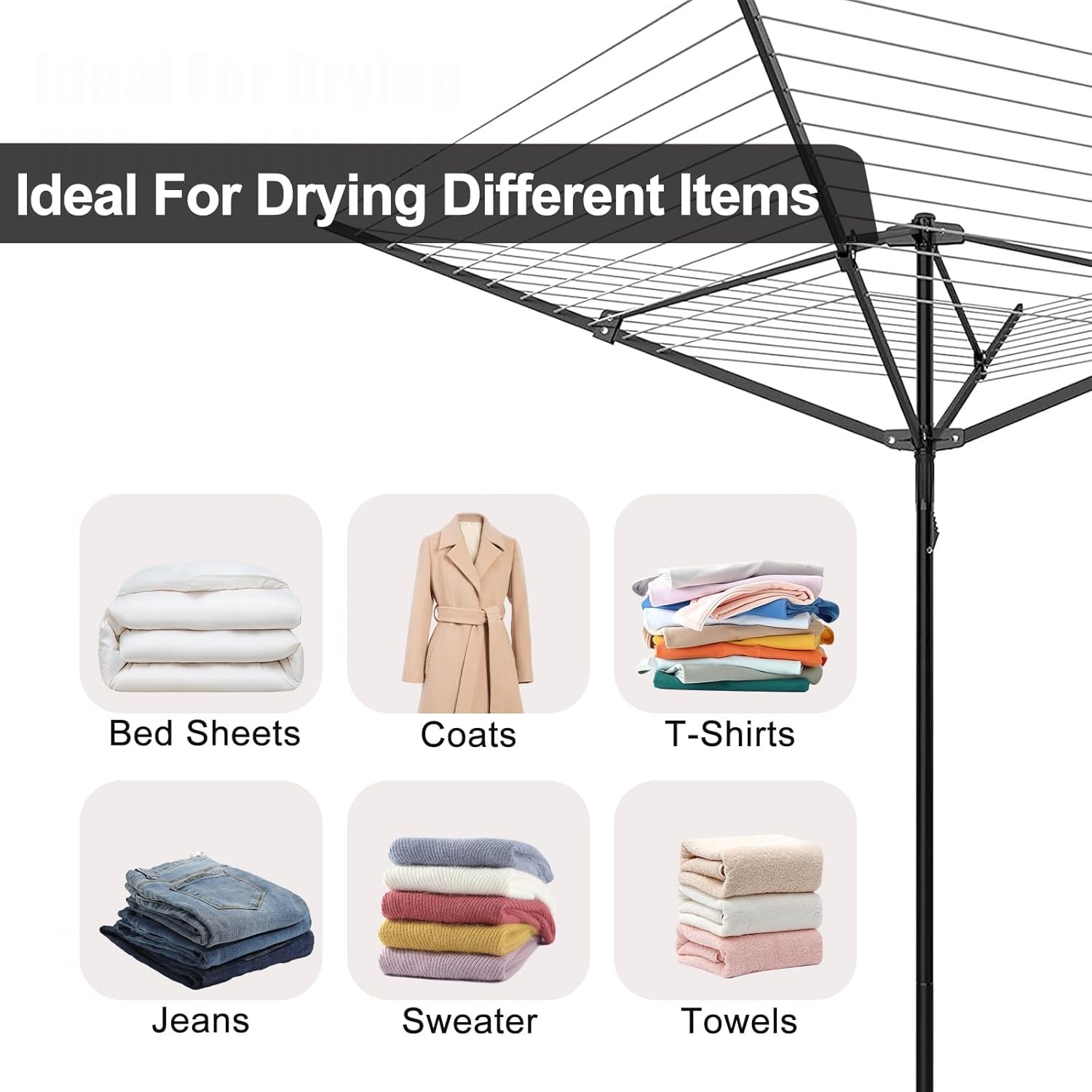 Umbrella Clothesline Outdoor Adjustable Height Drying Rack 4 Arms 12 Lines 165FT