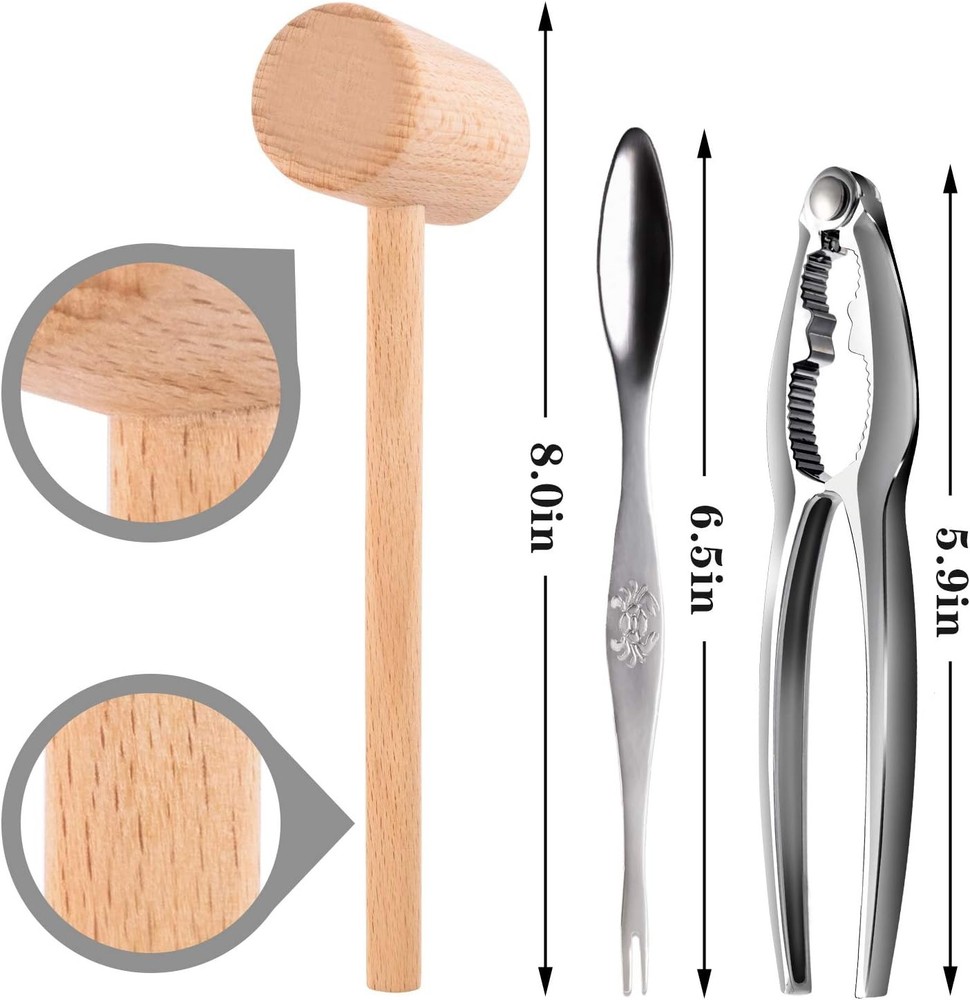 6 Pcs Crab Crackers and Tools Set 2 Forks 2 Crackers 2 Lobster Crab Mallets
