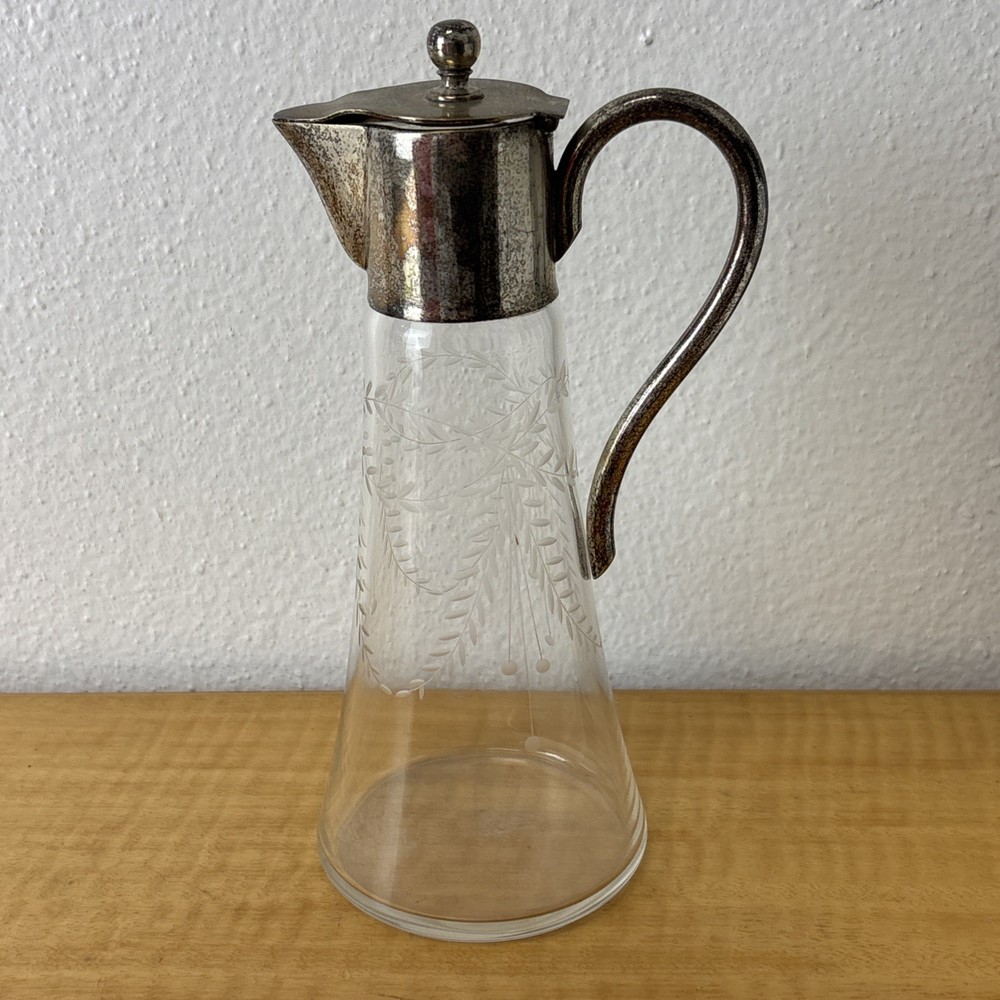 Antique Vintage Etched Glass Claret Jug / Decanter Silverplate 8"