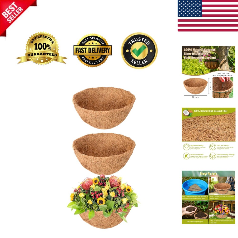 3 Pack 10 Inch Hanging Basket Coco Liners Replacement, 100% Natural Round Coc...