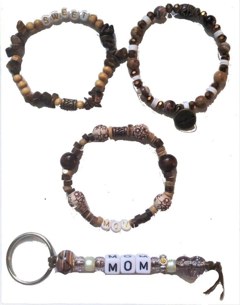 Sweet Mom Stretchy Charm Bracelet Stack and Key Ring-Brown