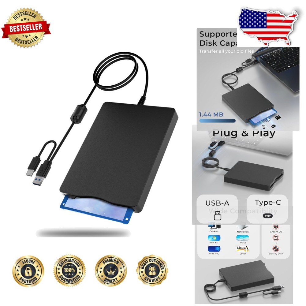 Plug & Play USB Floppy Disk Drive 3.5" External 1.44MB for Mac/PC