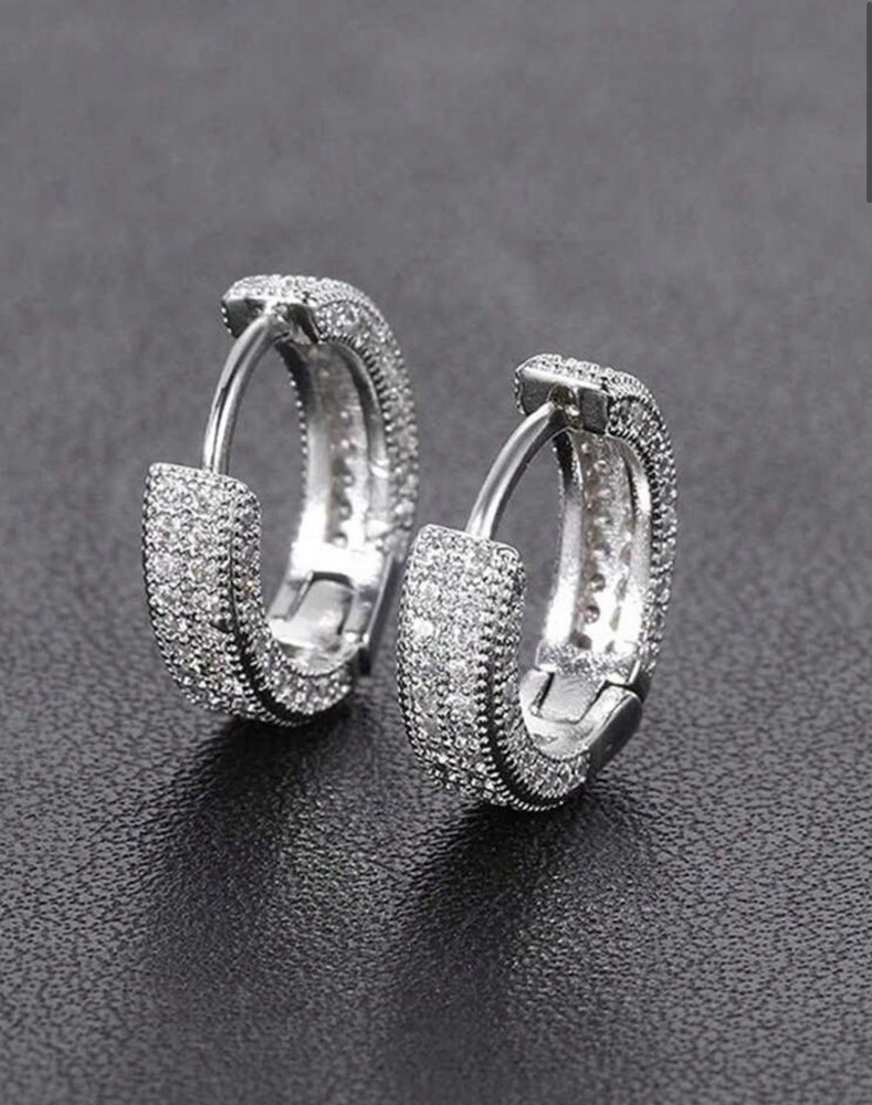 Solid Sterling Silver Diamond Hoop Earrings mens