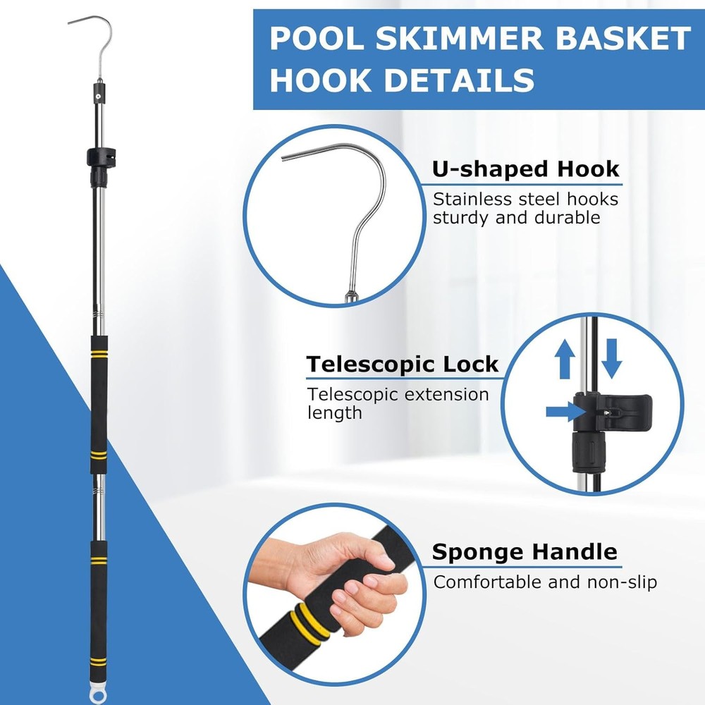 Pool Retrieval Hook for Robotic Pool Cleaner, 37" to 79" Pool Filter Basket Hook