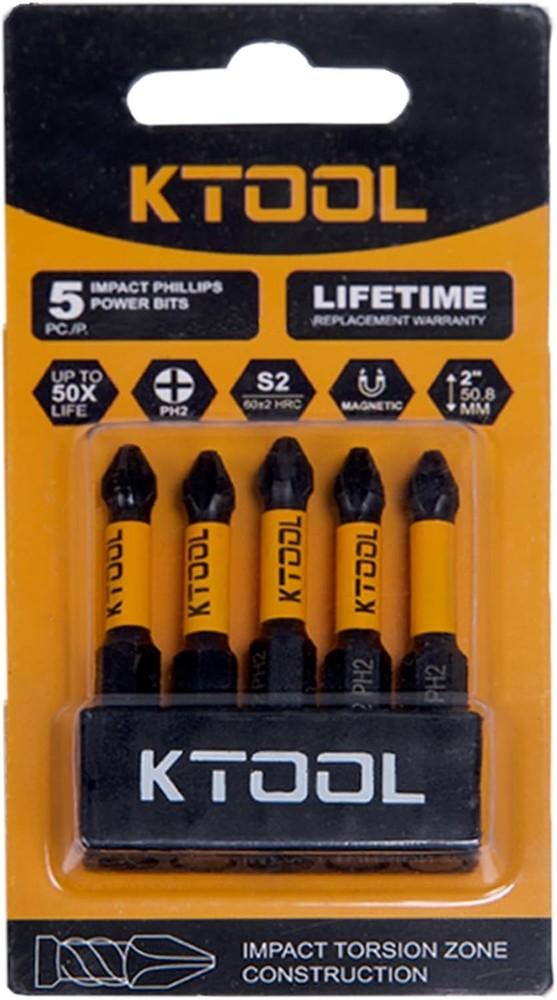 Impact Driver Bit Set 10 Pack - #2 Phillips 2 Inch Shockproof Black/Orange