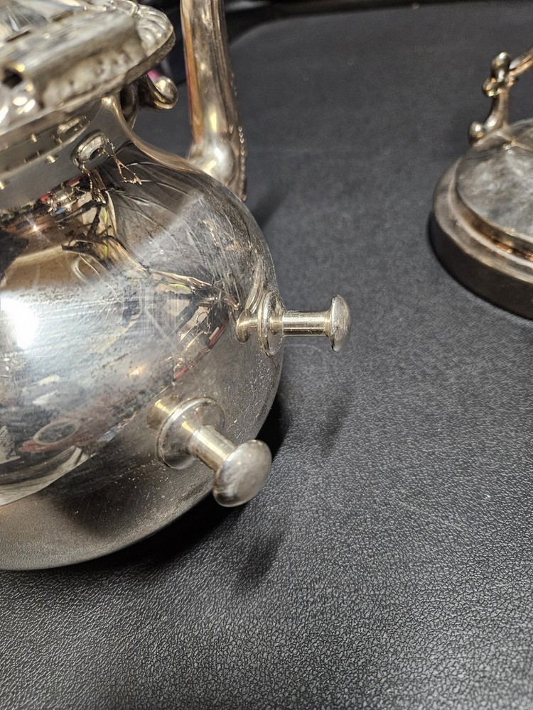 VINTAGE Birmingham Silver Co Silver on Copper Tilting Teapot on Stand w Warmer