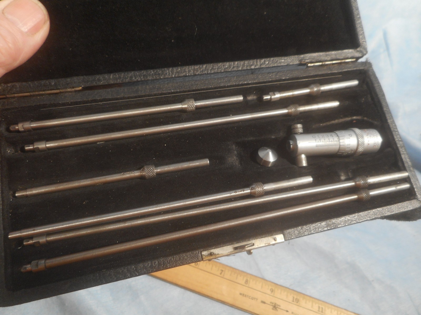 Vintage L. S. Starrett Inside Micrometer with Extension Rods Machinist Tools Set