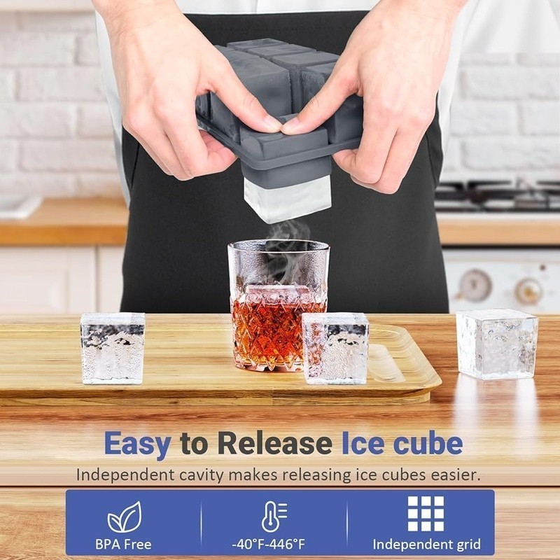 Large Silicone Ice Cube Tray Whiskey & Cocktails Easy Release Stackable New