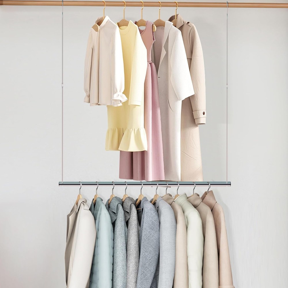 1 Pack Closet Hanging Rod Length & Height Adjustable Closet Rod Space Saving