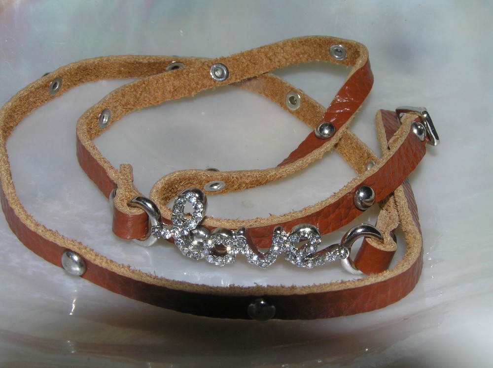 Estate Rhinestone Encrusted Script Love Brown Leather Multiwrap Strap Bracelet –