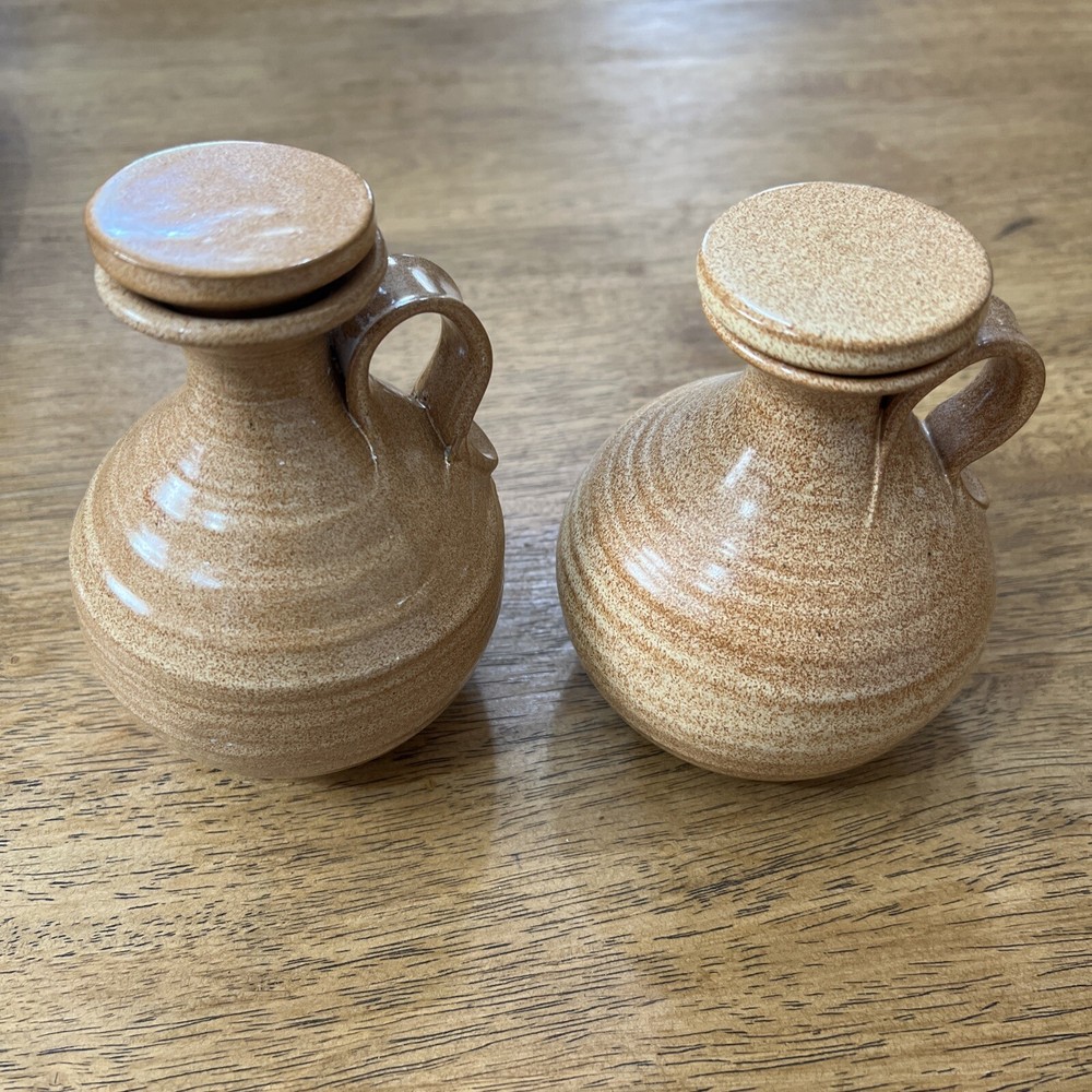 Art Pottery Mini Pitchers Glaze With Lids Rustic Decorations 2 Pcs.