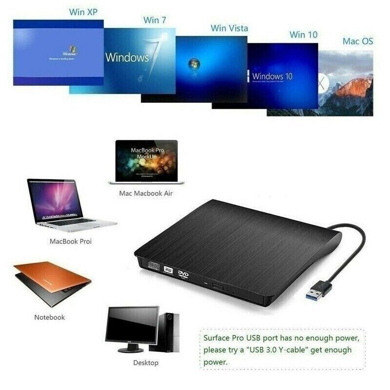 Slim External CD DVD RW Drive USB 3.0 Burner Writer Hard Disk Reader Player PC