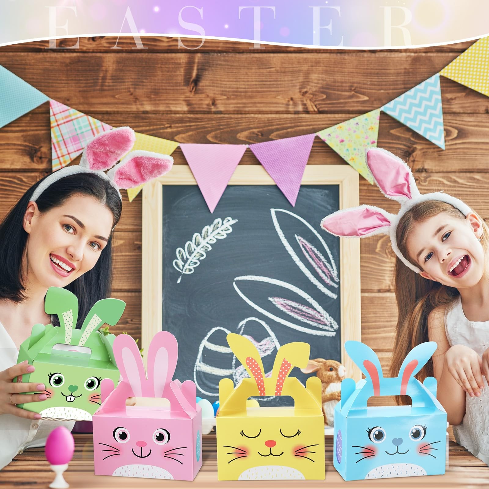 100 Pcs Easter Treat Boxes Bunny Favor Boxes with Handle Rabbit Shape Basket ...