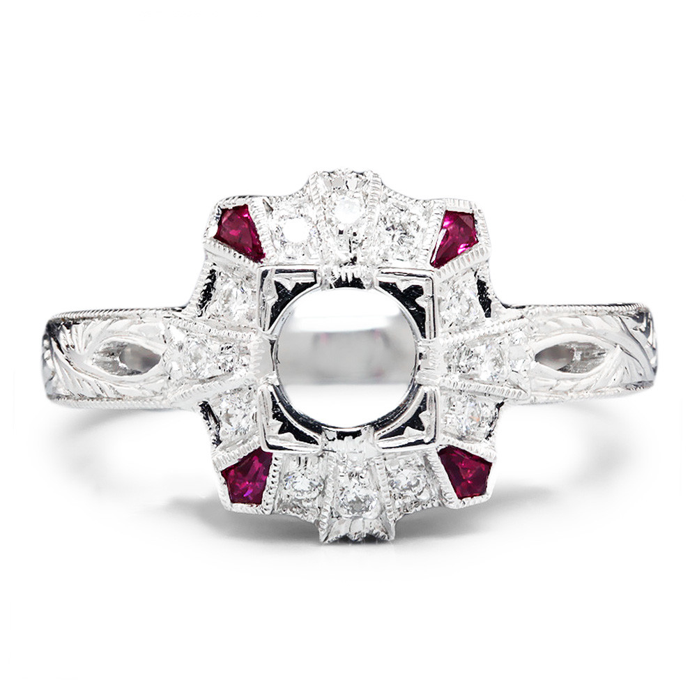 Ruby Semi Mount Ring Setting with Diamonds 18K White Gold .25ctw Fits 5MM