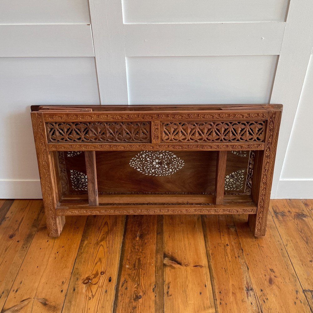 Indian Carved Folding Table Rectangular Coffee Table Inlaid Floral Pattern