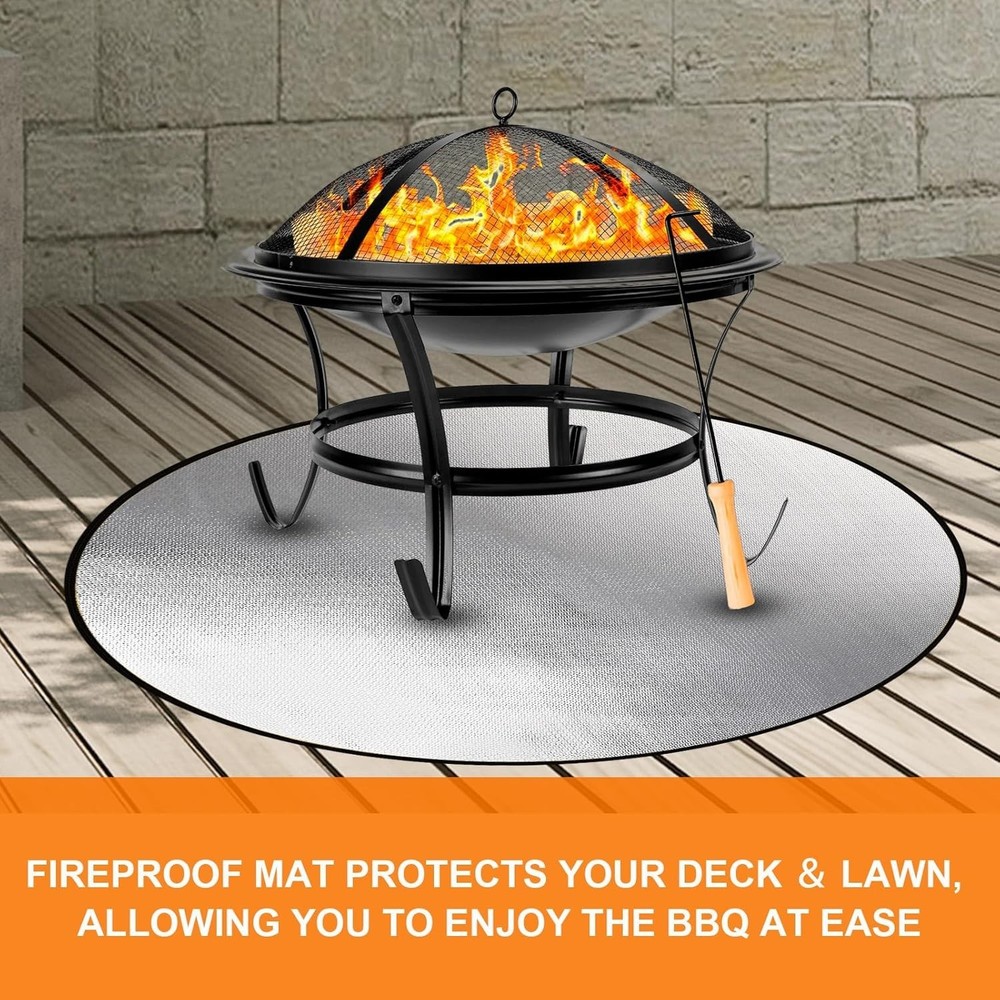 38" Round Fire Pit Mat - Double-Sided Fireproof & Waterproof, Black & Silver