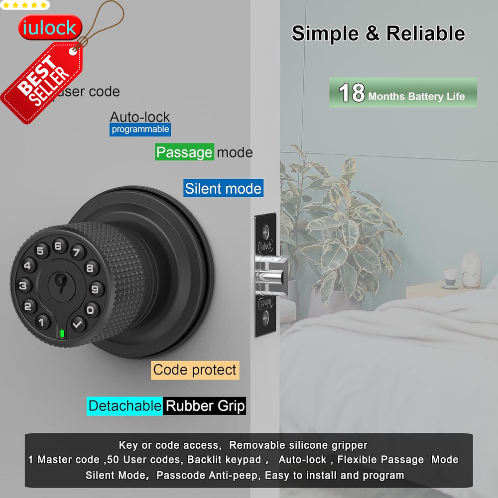 Keypad Smart Door Lock 50 User Codes Waterproof Auto Lock Matte Black US