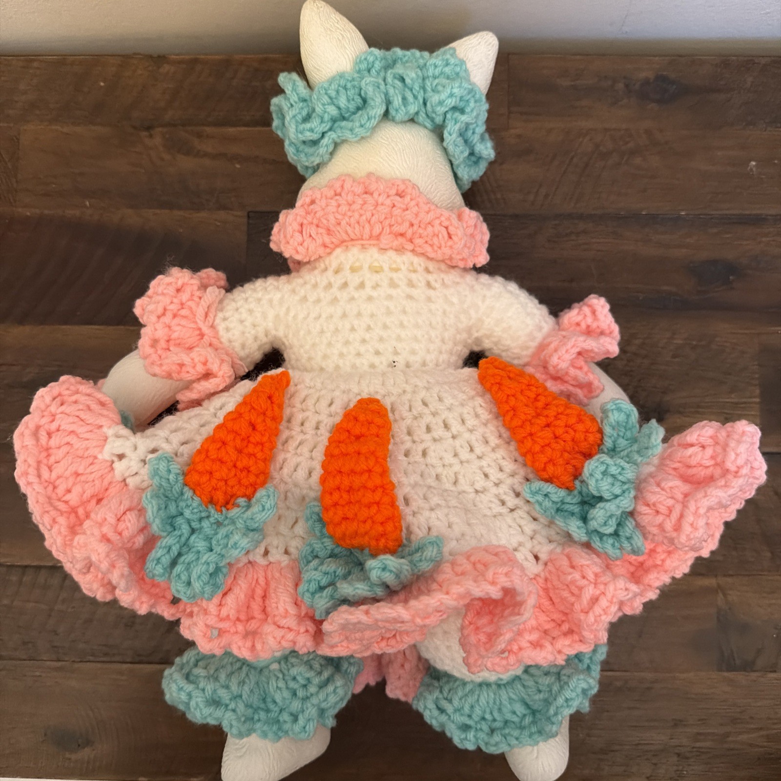 Vintage Easter Bunny Doll Handmade Crochet Carrot Dress Vinyl Rabbit Toy Decor