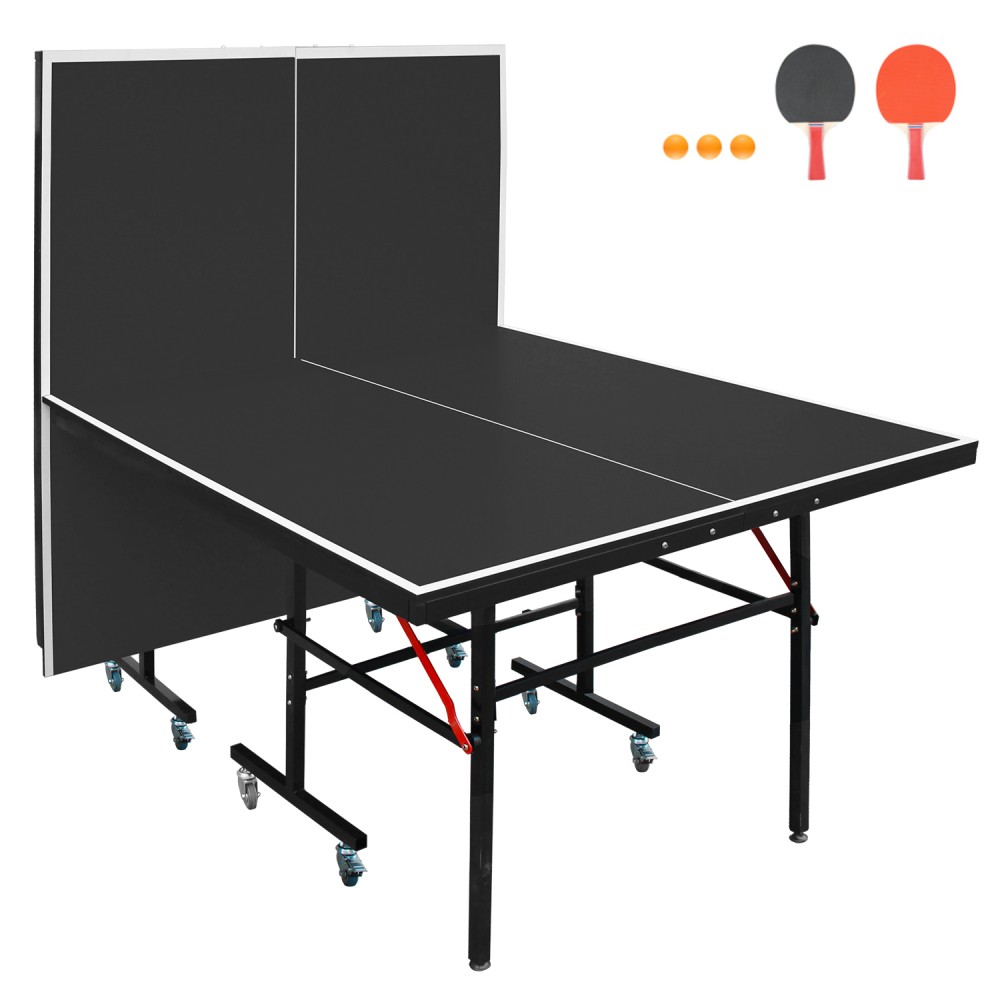 8ft Black Mid-Size Table Tennis Table Foldable & Portable Ping Pong Table Set