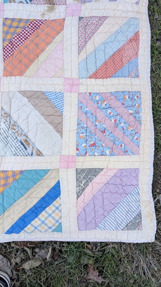 Antique 1920 Patchwork Quilt 64"X78 String Pieced Blocks