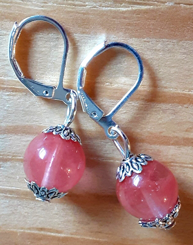 CHERRY QUARTZ round simple drop earring SP LEVERBACK HANDCRAFTED #PCL