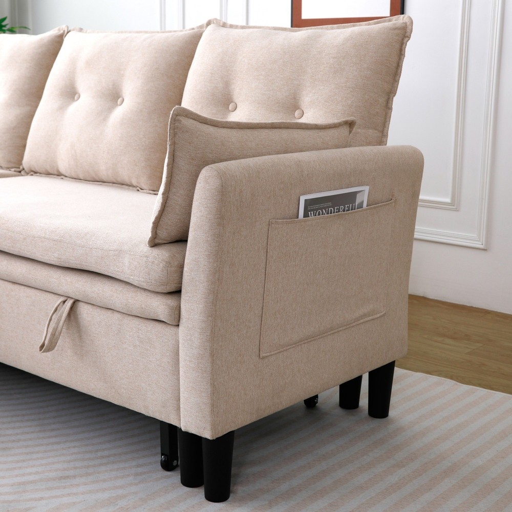 Modern L-Shaped Cotton-Linen Sectional Sleeper Sofa w/ Pull Out Bed & Storage