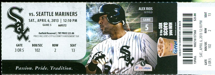 2013 White Sox vs Mariners Ticket: Alex Rios & Michael Saunders hit HRs