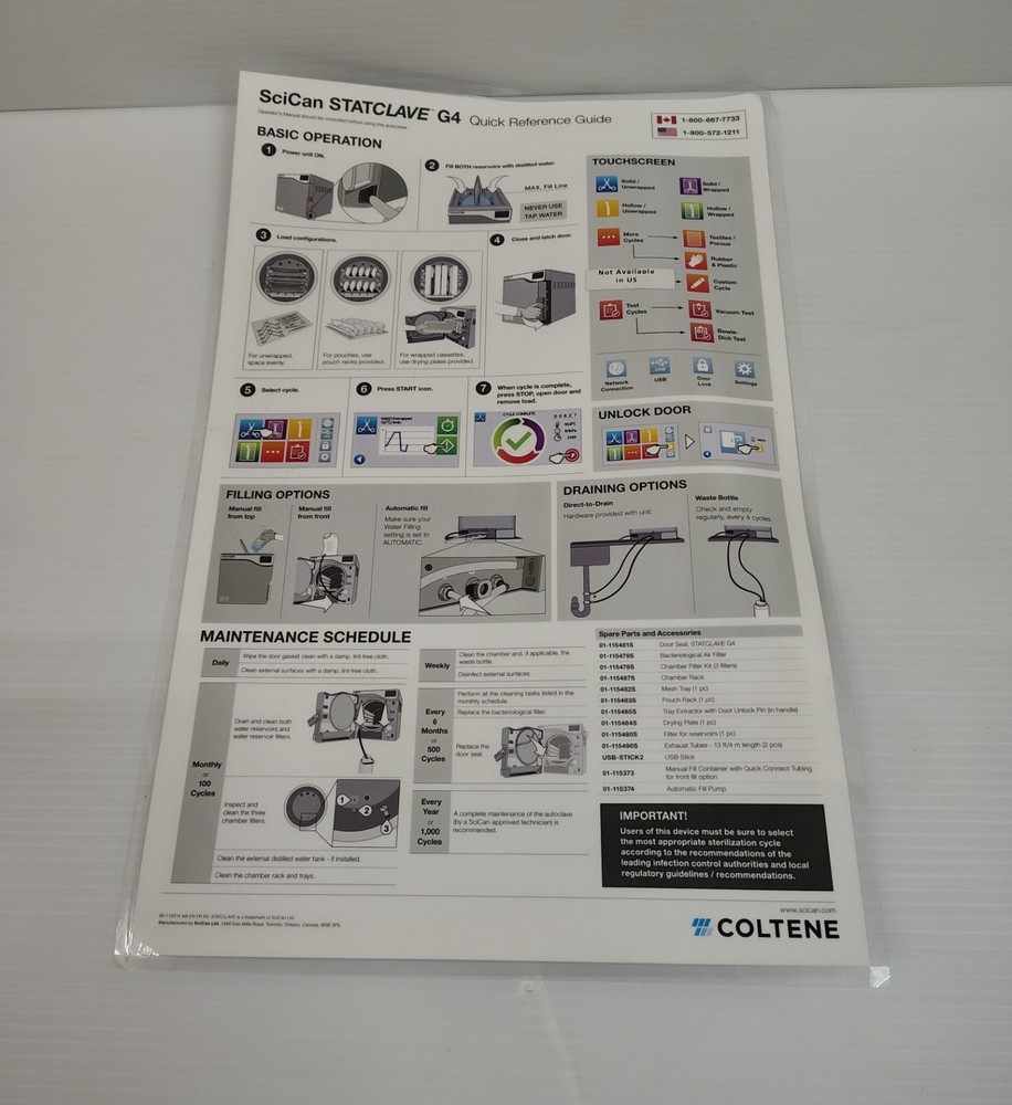 SciCan Statclave G4 Replacement/Spare Laminated 17 X 11 Quick Reference Guide