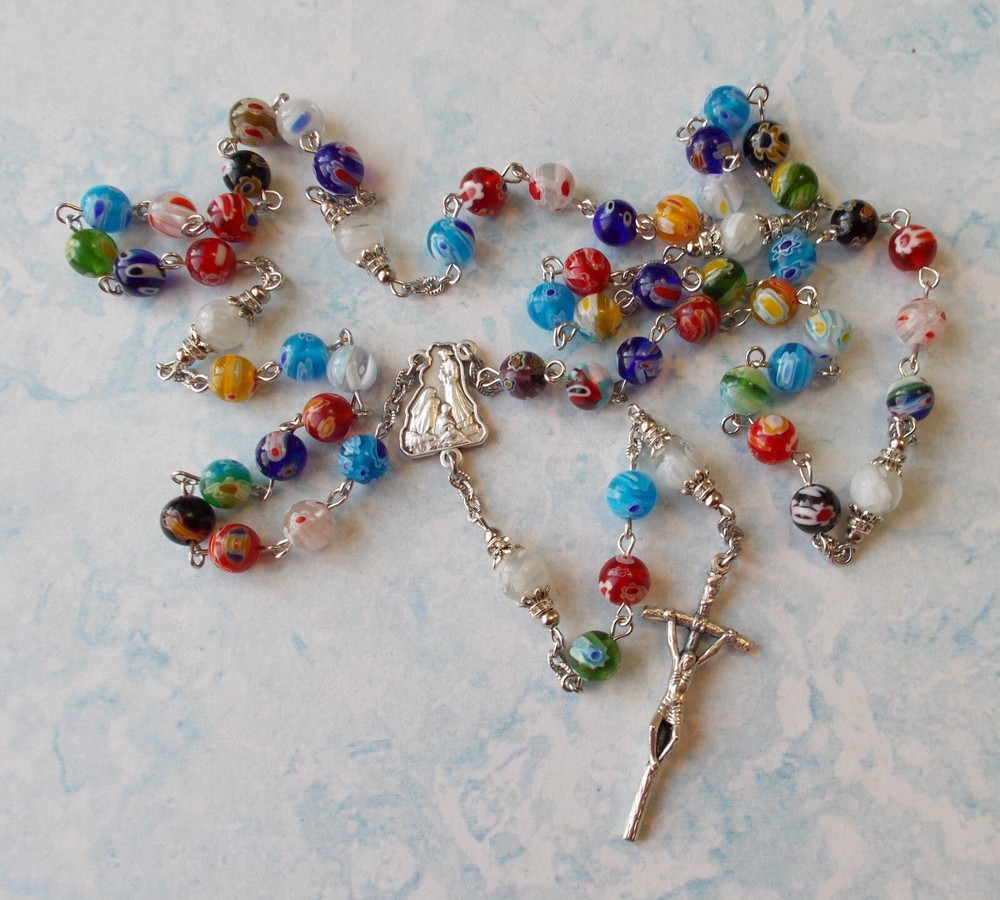 Pope John Paul II ROSARY~Colorful 8mm Millefiori beads~HANDMADE~Italy