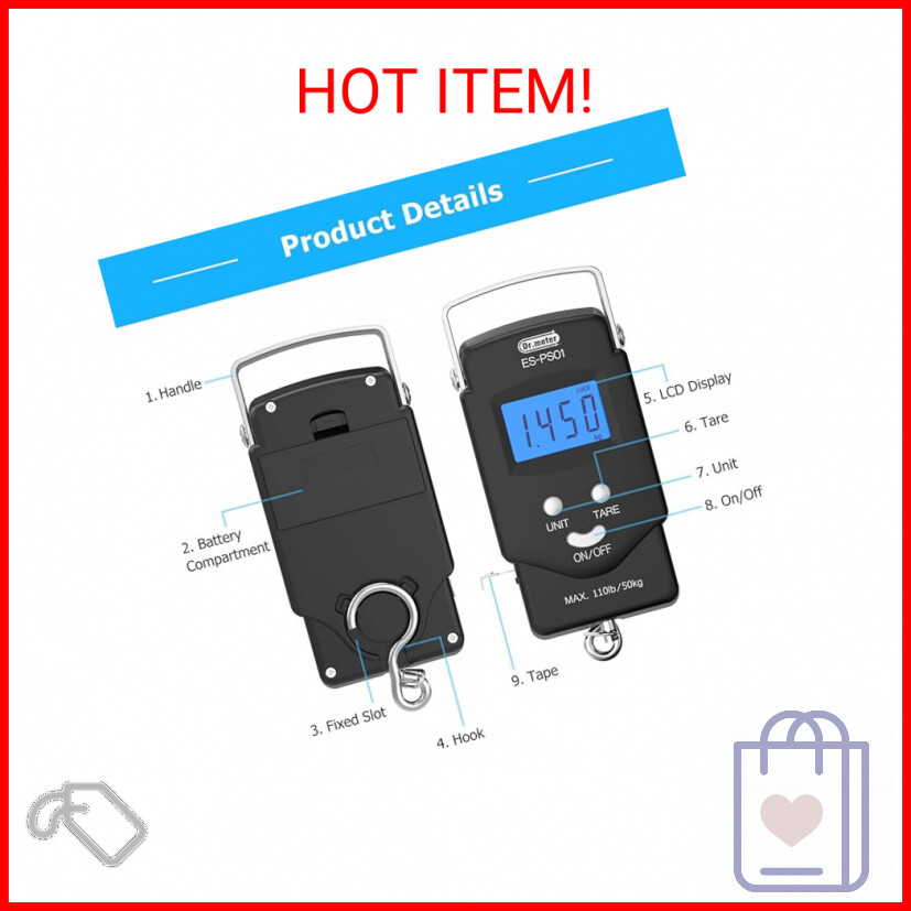Dr.meter Fish Scale - PS01 110lb/50kg Backlit LCD Display Digital Scale with Bui