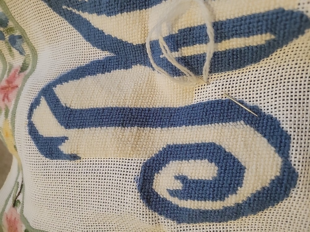 Initial M partially Complete Needlepoint Canvas 16" Pillow Size