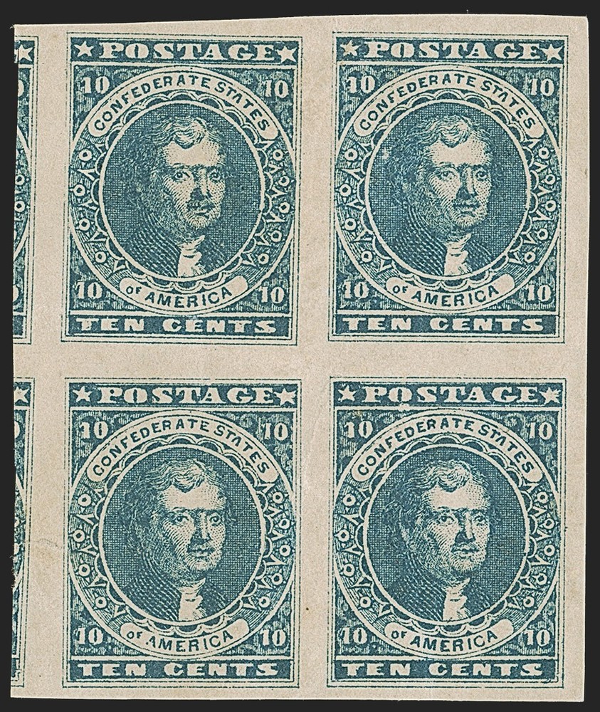 MOMEN: US STAMPS CSA #2b IMPERF BLOCK MINT OG 3NH/1H PF CERT LOT #81938-1