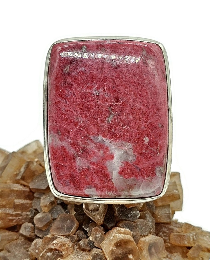 Rectangle Thulite Ring, size Q, Sterling Silver, Vibrant Pink Gemstone, Pink