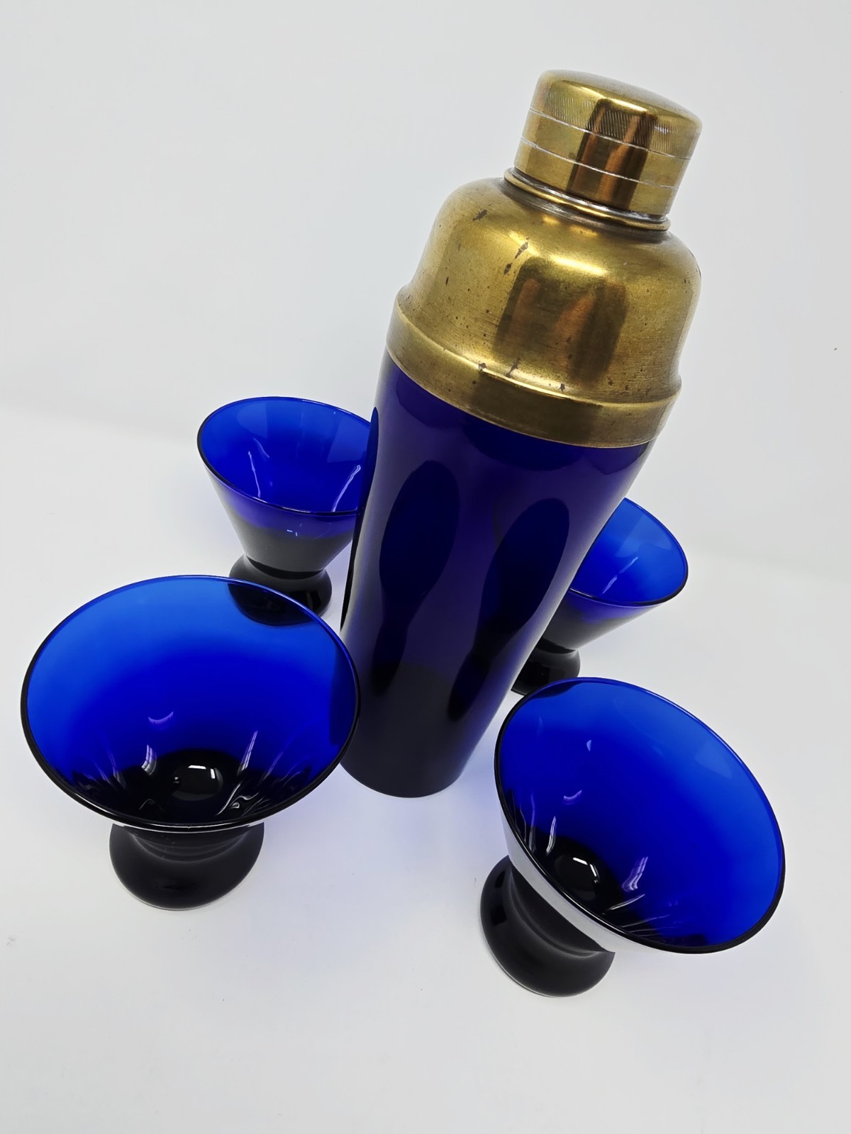 Rare Large Cobalt & Brass Art Deco Cocktail Shaker & Vintage Cobalt Glasses