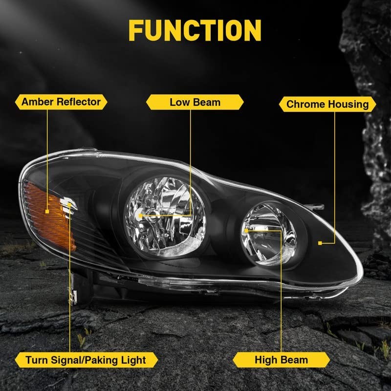 Headlight Assembly, Compatible with 2003-2008 Corolla, Amber Corner, Black