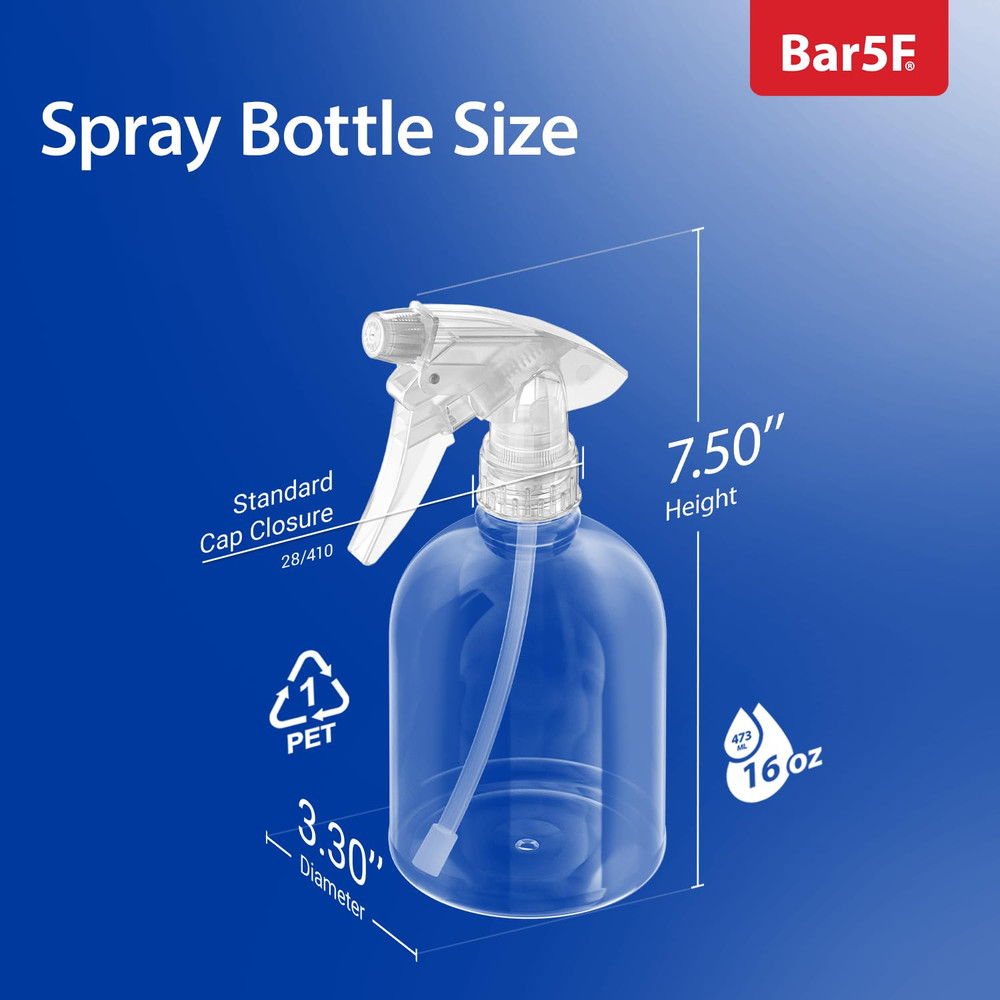Bar5F Plastic Spray Bottle, 16 Oz | Leak Proof, Empty, Clear, Trigger Handle, Ad