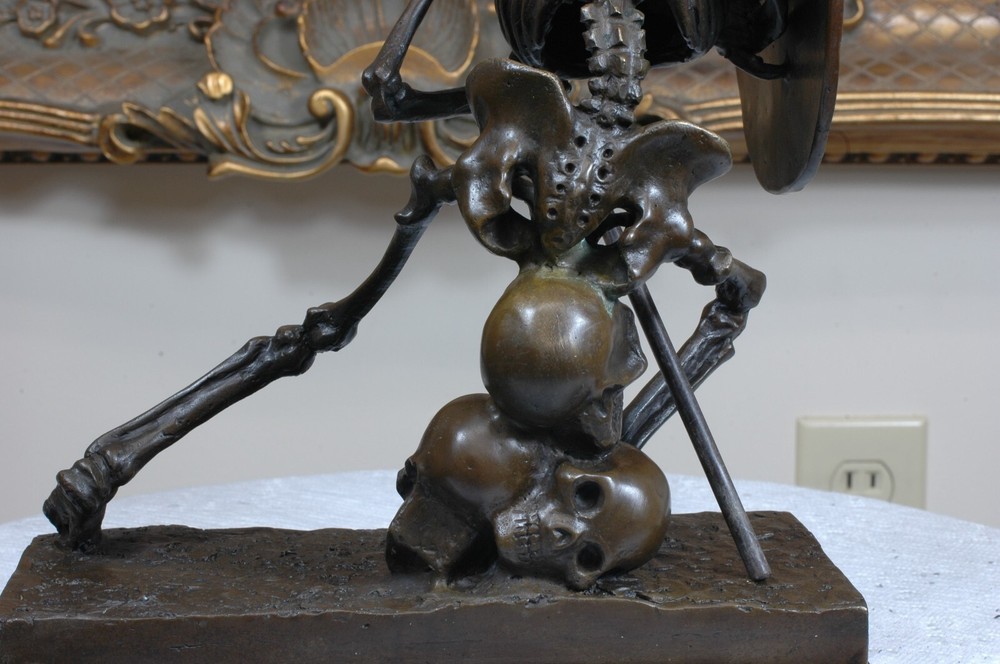 Signed Milo Bronze Statue, Bronze Skull Skeleton Warrior sculpture