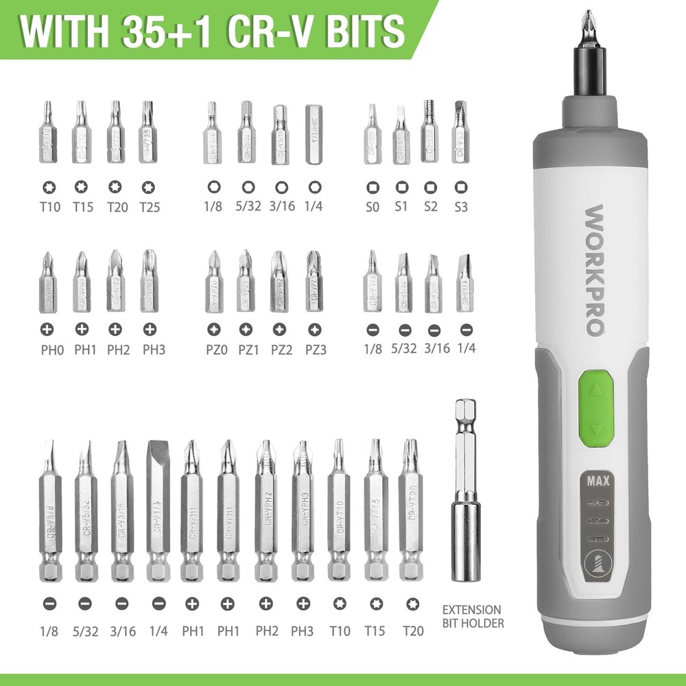 WORKPRO 4V Electric Screwdriver Rechargeable Cordless Screwdriver Set with 35Bit