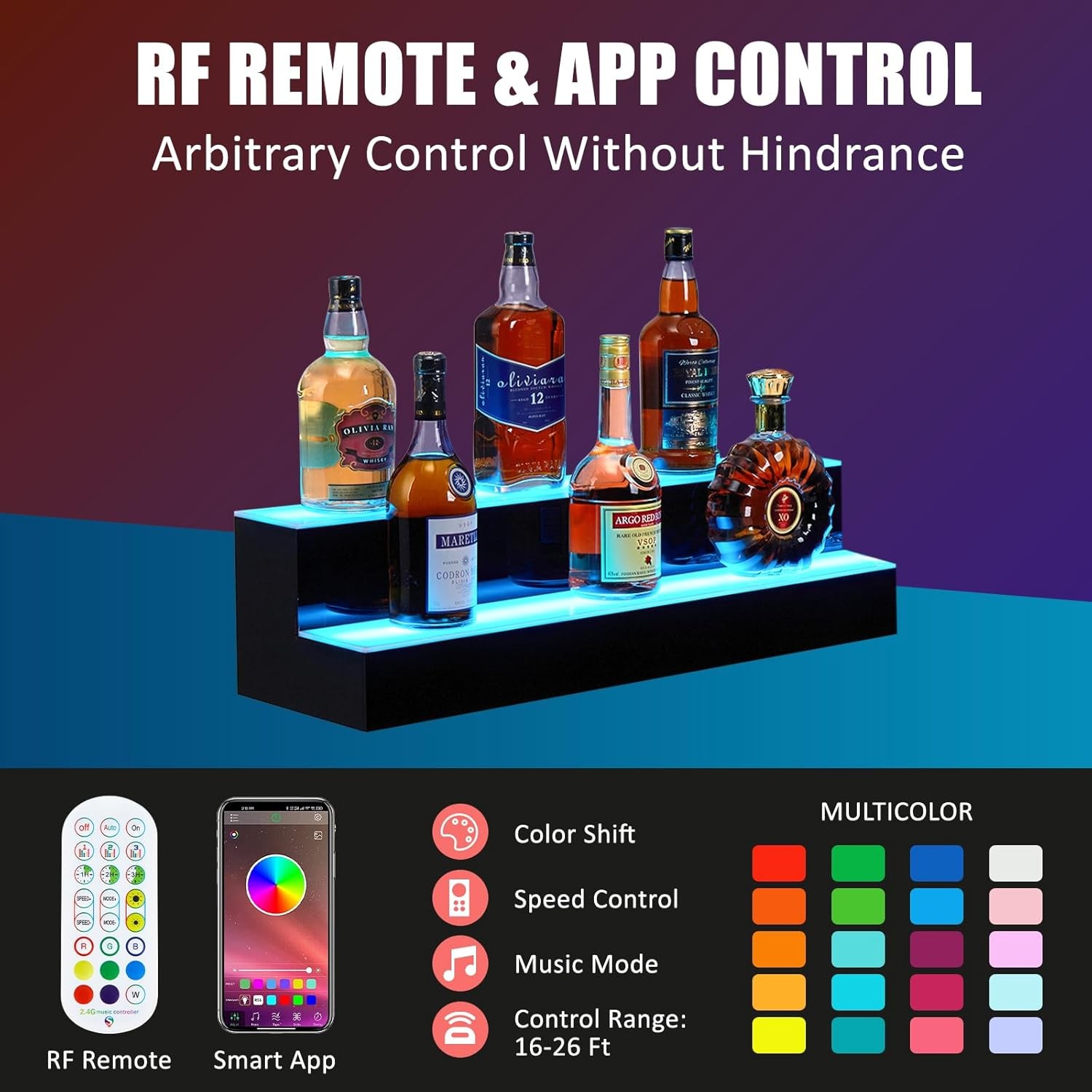 LED Lighted Liquor Bottle Display, 2-Tier 16" with Smart Control for Home & Bar