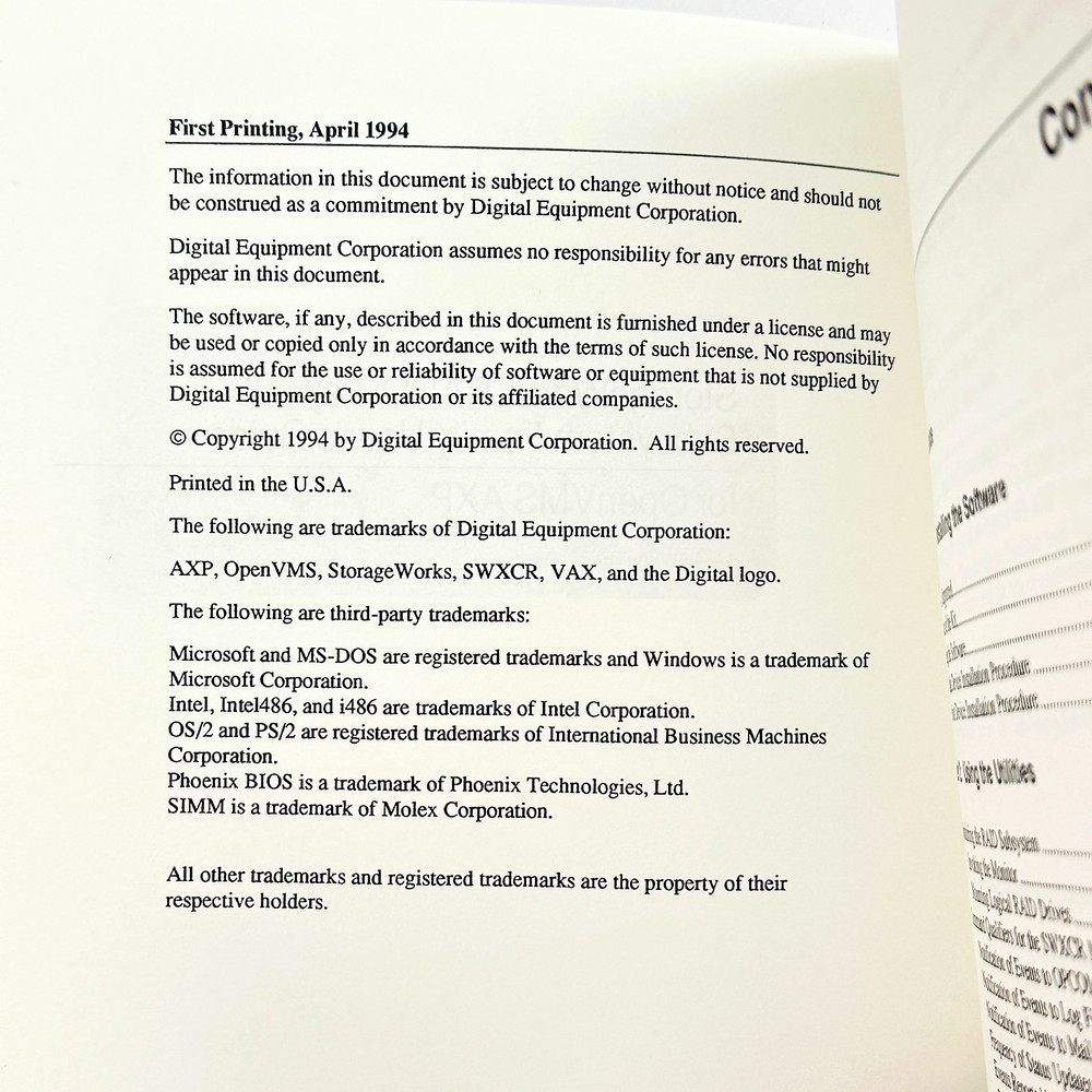 1994 DEC OpenVMS StorageWorks RAID Array 2000 Subsystem User's Guide Manual