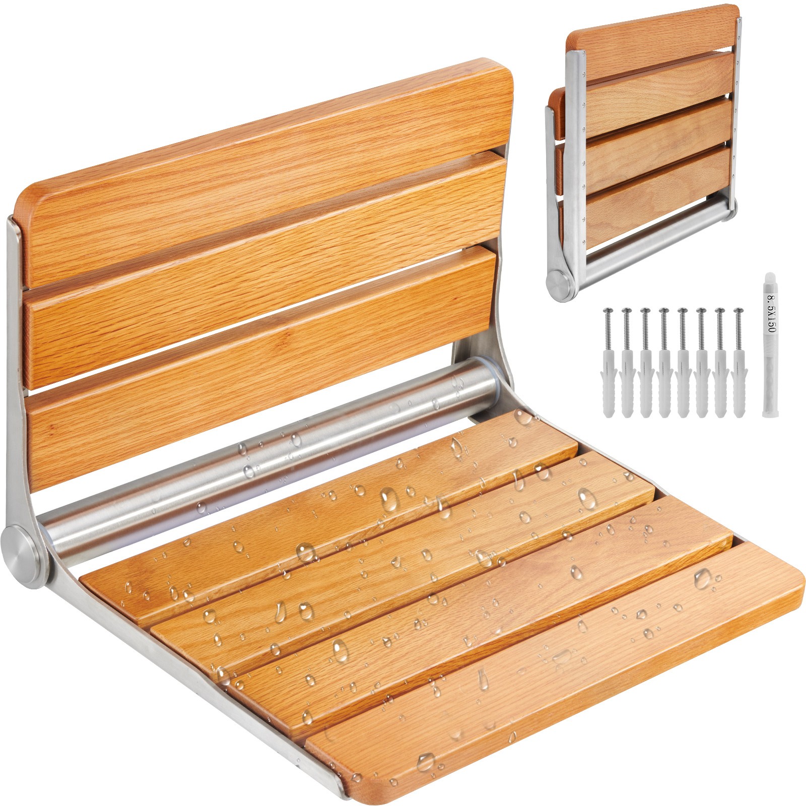 440lbs Folding Oak Shower Seat 16" Wall Mounted Shower Bench Rust-proof Chair